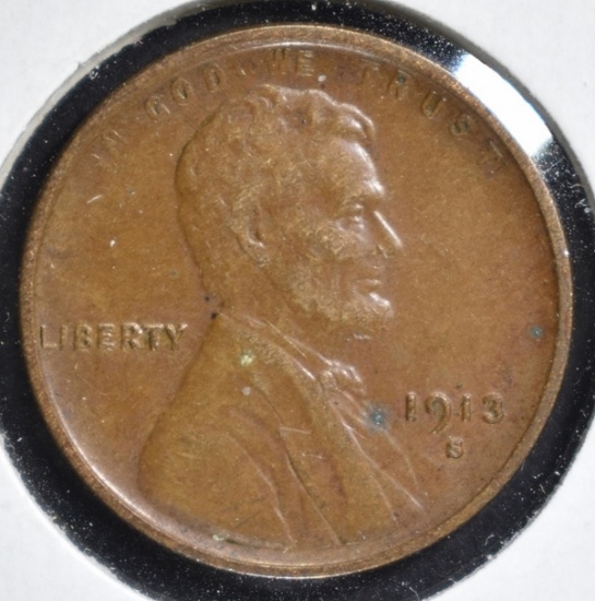 1913-S LINCOLN CENT, XF+