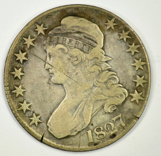 1827 BUST HALF DOLLAR, VF scratch obv