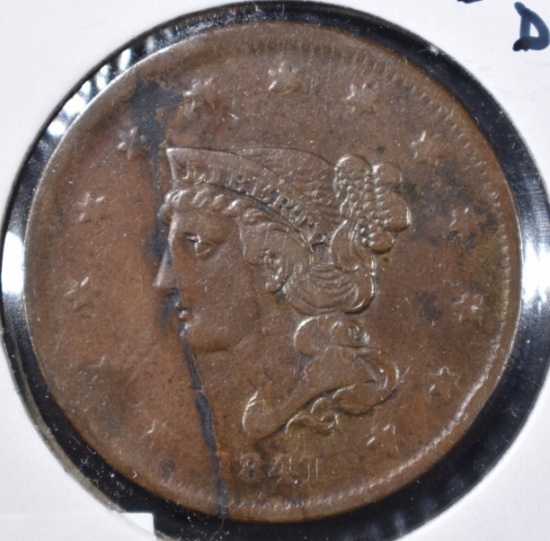1841 LARGE CENT, VF BETTER DATE