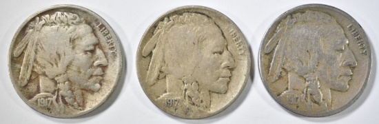 1917-P,D,S BUFFALO NICKELS MOSTLY VG/F