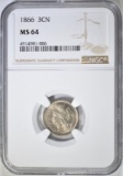 1866 3 CENT NICKEL  NGC MS-64