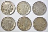 6 BUFFALO NICKELS MOSTLY VF