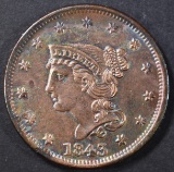 1843 LARGE CENT  BU  CLEANED