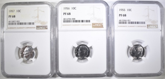 1955, 56, 57 ROOSEVELT DIMES NGC PF-68