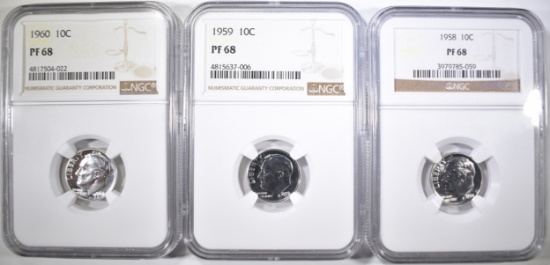 1958, 59, 60 ROOSEVELT DIMES NGC PF-68