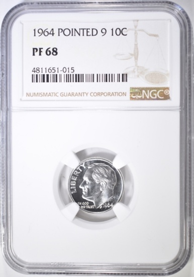 1964 POINTED 9 ROOSEVELT DIME NGC PF-68