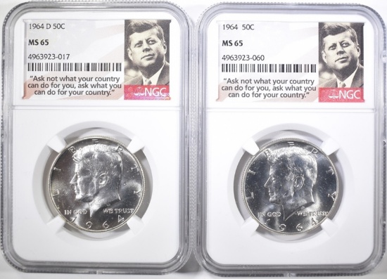 1964 & 64-D KENNDY HALF DOLLARS, NGC MS-65