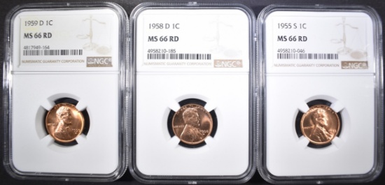 1955-S, 58-D & 59-D LINCOLN CENTS NGC MS-66 RED