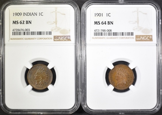 2 NGC GRADED INDIAN HEAD CENTS; 1- 1901 MS-64 BN &