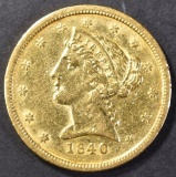 1840-O $5.00 GOLD AU/BU