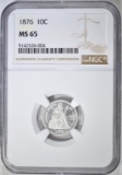 1876 SEATED LIBERTY DIME NGC MS-65 PQ COIN