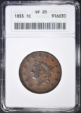 1833 LARGE CENT, ANACS VF-20