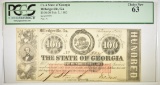 1863 $100 CSA STATE OF GEORGIA  PCGS 63