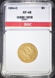 1854-O $5 GOLD LIBERTY HEAD BGC EF/AU