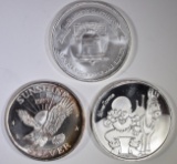 3-DIFFERENT ONE OUNCE .999 SILVER ROUNDS