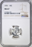 1951 ROOSEVELT DIME, NGC MS-67