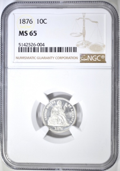 1876 SEATED LIBERTY DIME NGC MS-65 PQ COIN