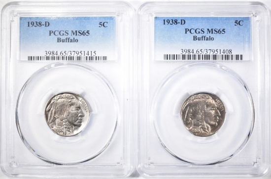 2-1938-D BUFFALO NICKELS, PCGS MS-65