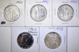 5 SILVER HALF DOLLARS