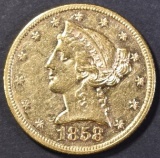 1858 $5.00 GOLD AU/BU