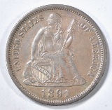 1891 SEATED LIBERTY DIME, AU/BU