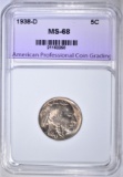 1938-D BUFFALO NICKEL, APCG SUPERB GEM+ BU