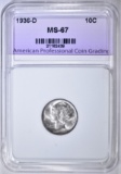 1936-D MERCURY DIME, APCG SUPERB GEM BU