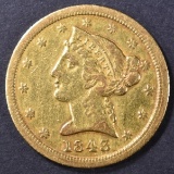 1843-C $5 GOLD LIBERTY  AU