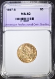 1897-S $5.00 GOLD LIBERTY, APCG CH BU