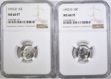 1952-D & 53-D ROOSEVELT DIMES, NGC MS-66 FT