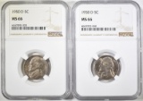 2-1950-D JEFFERSON NICKELS, NGC MS-66