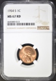 1954-S LINCOLN CENT  NGC MS-67 RD