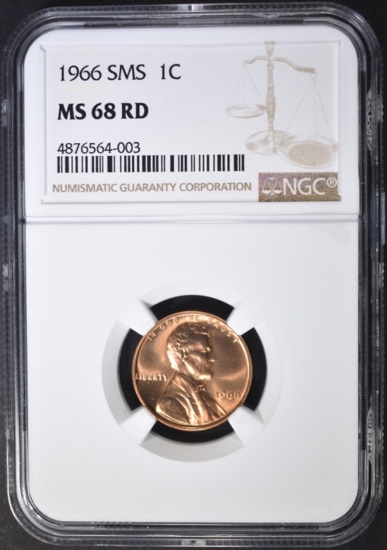 1966 SMS LINCOLN CENT, NGC MS-68 RED