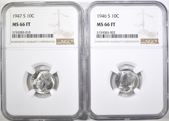 1946-S & 47-S ROOSEVELT DIMES, NGC MS-66 FT