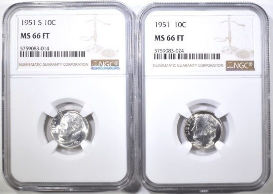 1951-P&S ROOSEVELT DIMES, NGC MS-66 FT