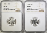 1946-P&S ROOSEVELT DIMES, NGC MS-66