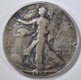 1938-D WALKING LIBERTY HALF DOLLAR, F/VF