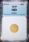 1911-D STRONG D $2.50 GOLD INDIAN, EMGC CH/GEM BU