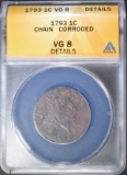 1793 CHAIN CENT, ANACS VG-8 details