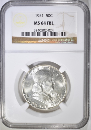 1951 FRANKLIN HALF DOLLAR NGC MS-64 FBL