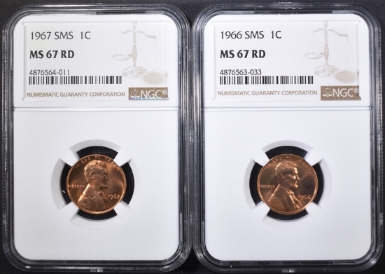 1966 & 67 SMS LINCOLN CENTS, NGC MS-67 RED