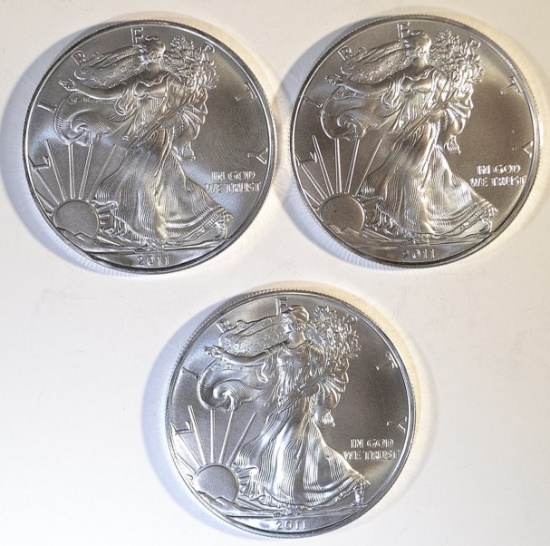 3- GEM BU 2011 AMERICAN SILVER EAGLES