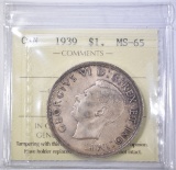 1939 SILVER DOLLAR CANADA  ICCS GEM BU