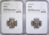 2-1950-D JEFFERSON NICKELS, NGC MS-66