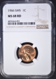 1966 SMS LINCOLN CENT, NGC MS-68 RED