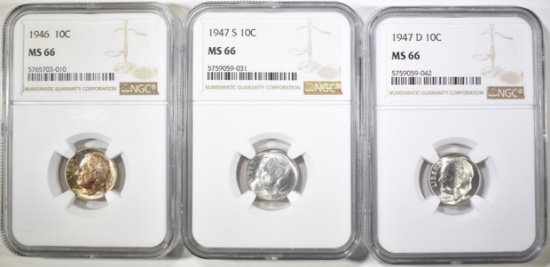 1946, 47-D & 47-S ROOSEVELT DIMES, NGC MS-66