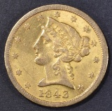 1843-D $5 GOLD LIBERTY  SMALL DATE XF