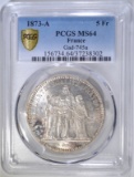 1873-A SILVER 5 FRANCS FRANCE  PCGS MS-64