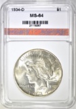 1934-D PEACE DOLLAR, AGP CH/GEM BU