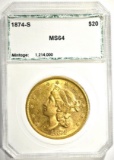 1874-S $20.00 GOLD LIBERTY, PCI CH/GEM BU